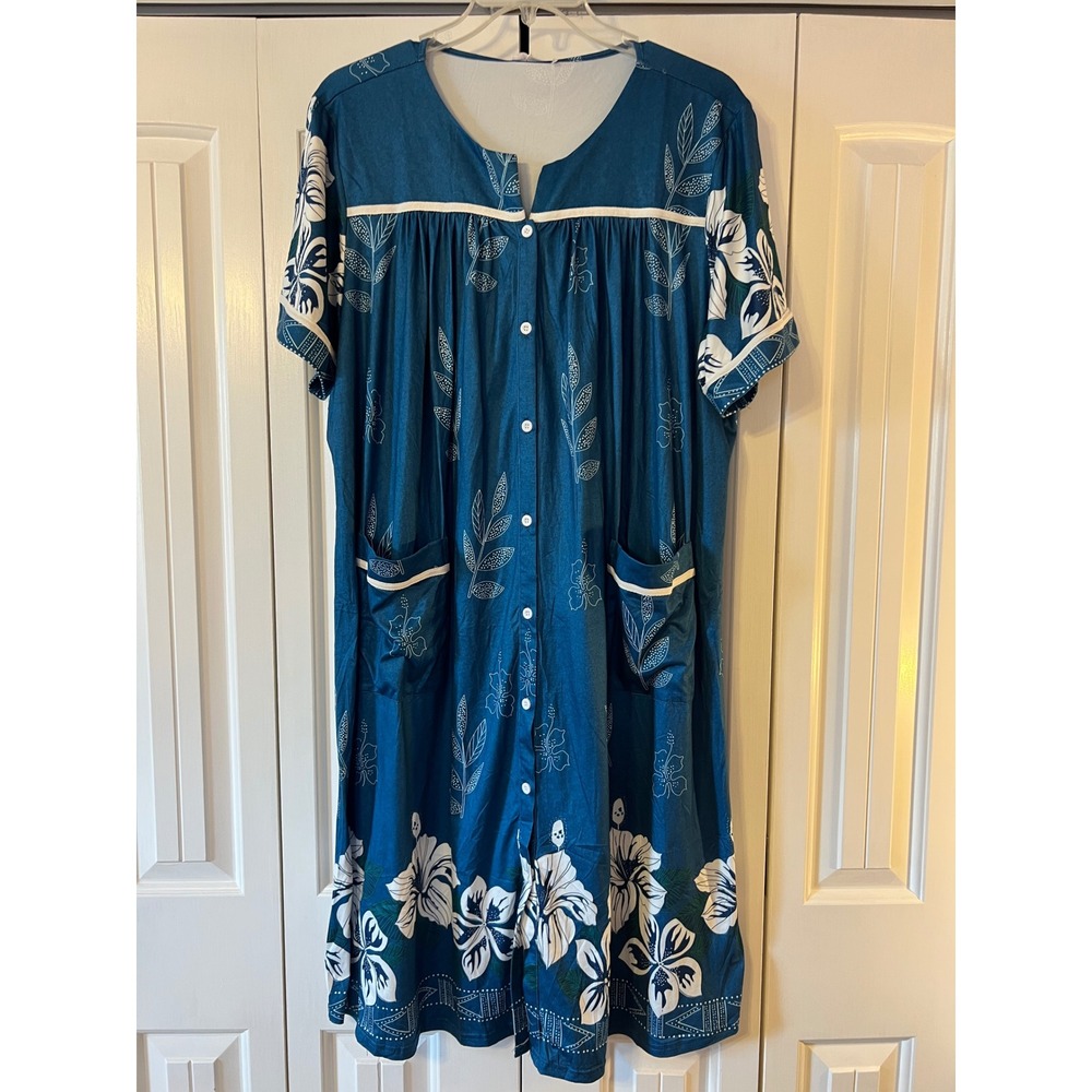 Ekouaer Teal Blue Tropical Floral Button Front Nightgown House Dress 2XL NWT